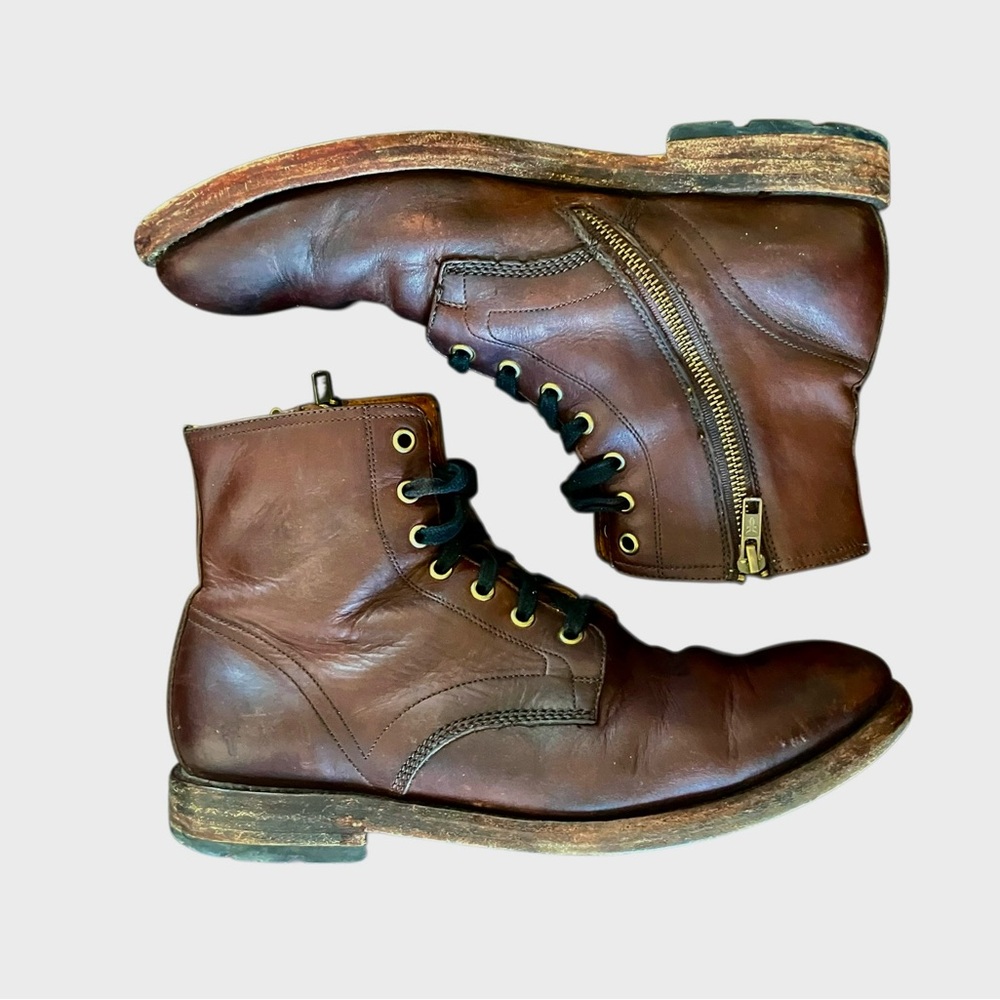Frye Men's Bowery Lace-Up Side-Zip Boots - Size 9.5 - Brown Antiqued Leather - Picture 2 of 16